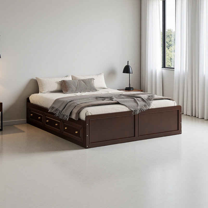 Structure de lit plateforme en bois avec 6 tiroirs, Espresso