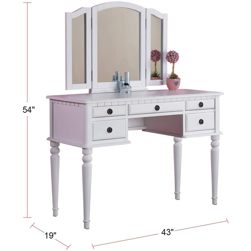 Ensemble de meuble-lavabo de chambre à coucher contemporain avec tiroirs de tabouret à miroir pliables de couleur blanche
