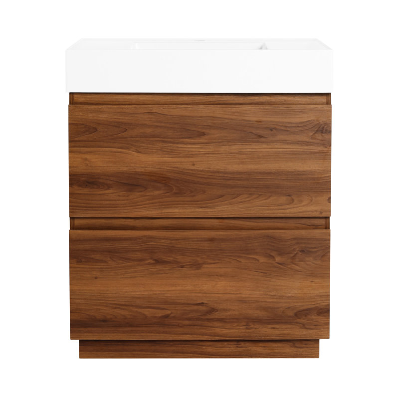 Meuble-lavabo de salle de bain 30 po avec lavabo simple en céramique et tiroir, Brun