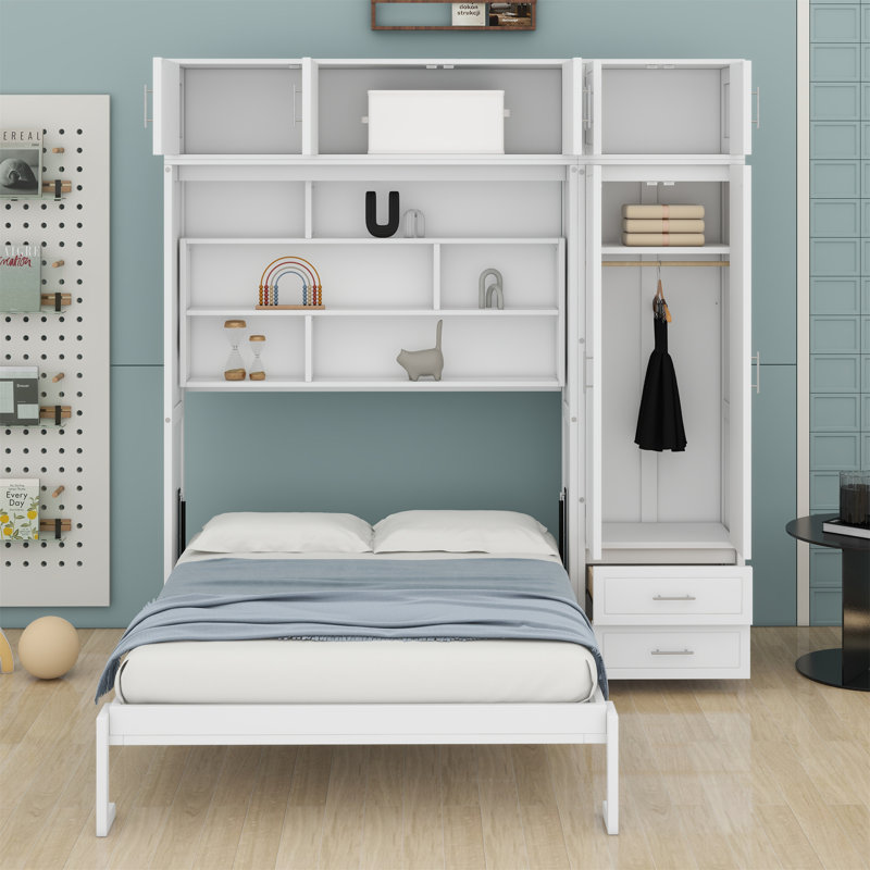 Grand lit escamotable escamotable grand format avec armoire supérieure, tablettes et garde-robe, Blanc
