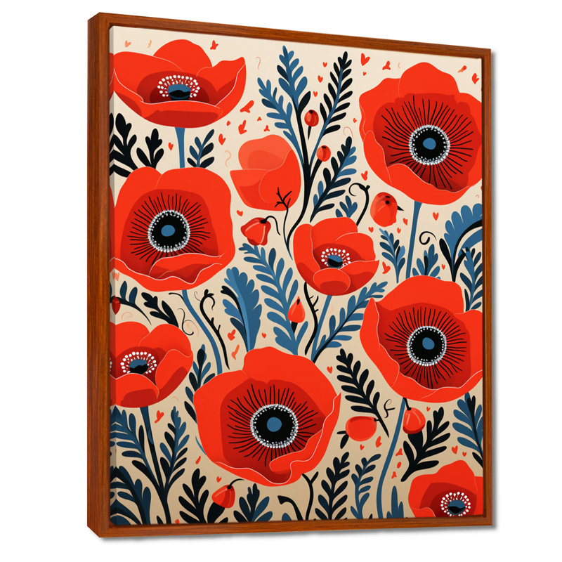 Blooming Poppies - Illustration rétro - coquelicot, H 32 po x l 16 po, Cadre flottant brun, bois massif