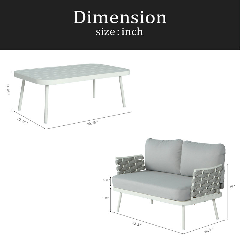Causeuse et table en acier, 2 pièces: table, causeuse, Gris, Blanc cassé
