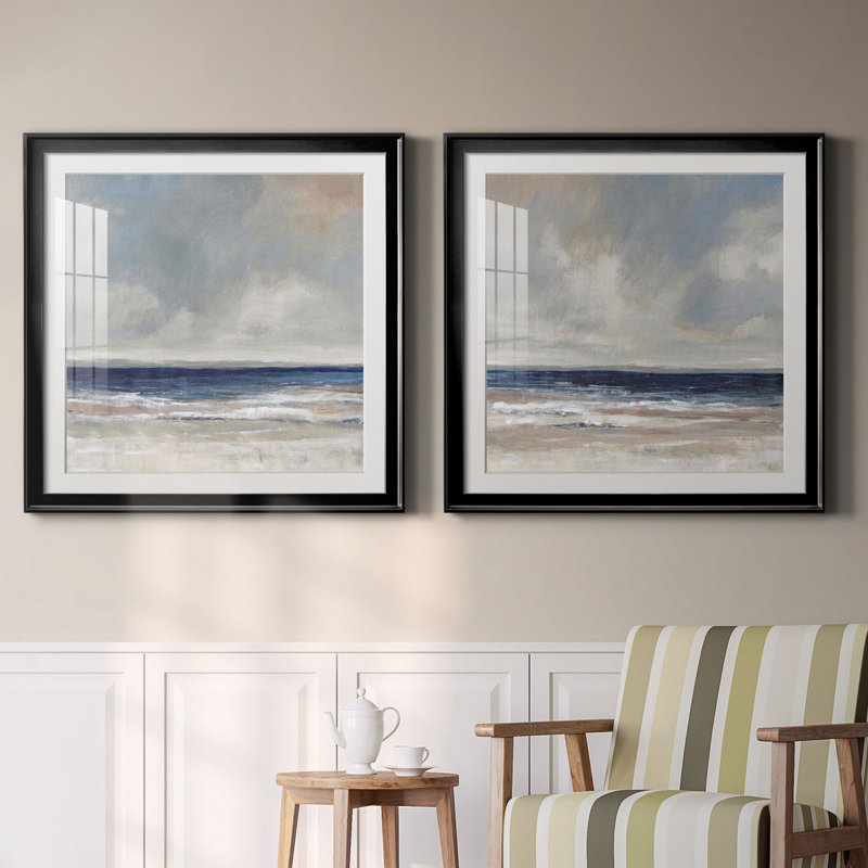 «Distant Land I», ensemble de 2 reproductions d'art encadrées, Papier encadré noir, H 26,5 po x l 53 po x P 1,5 po, Blanc