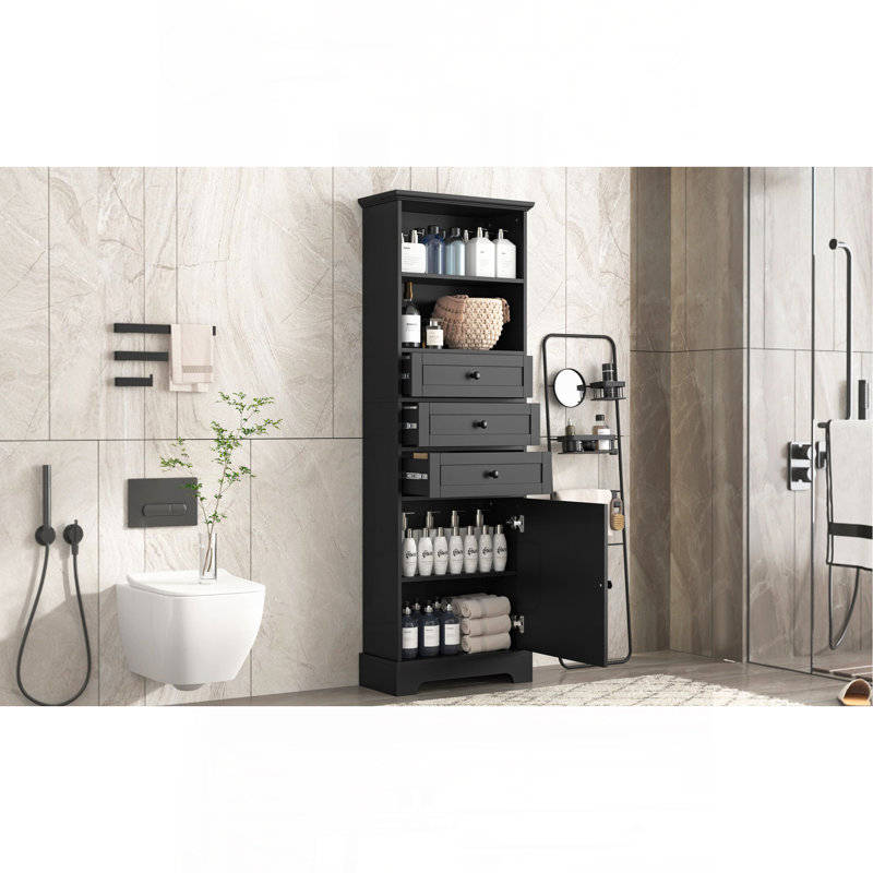 Grande armoire de rangement noire avec 3 tiroirs et tablettes réglables pour salle de bain, bureau, bureau et intérieur, panneau de fibres à densité moyenne avec finition peinte