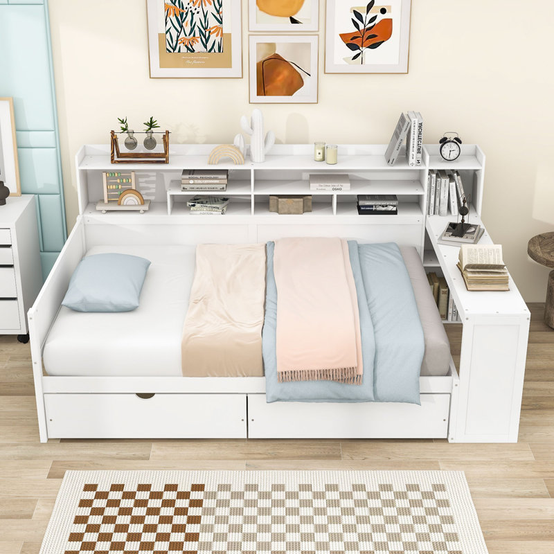 Lit de jour multifonctionnel en bois avec bureau intégré, tablettes de rangement latérales et tiroirs, Lit double