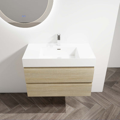 Meuble-lavabo mural avec lavabo en céramique, 2 tiroirs à fermeture en douceur