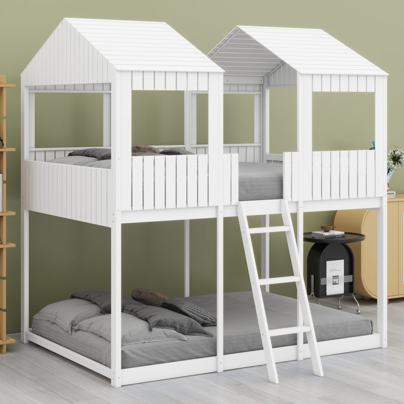 Wood Bunk Bed With Roof, Window, Guardrail, Ladder, White