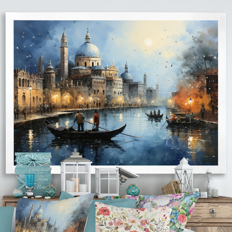 Gris sarcelle canal urbain Venise - imprimé, H 24 po x l 32 po x P 1 po, Cadre photo blanc