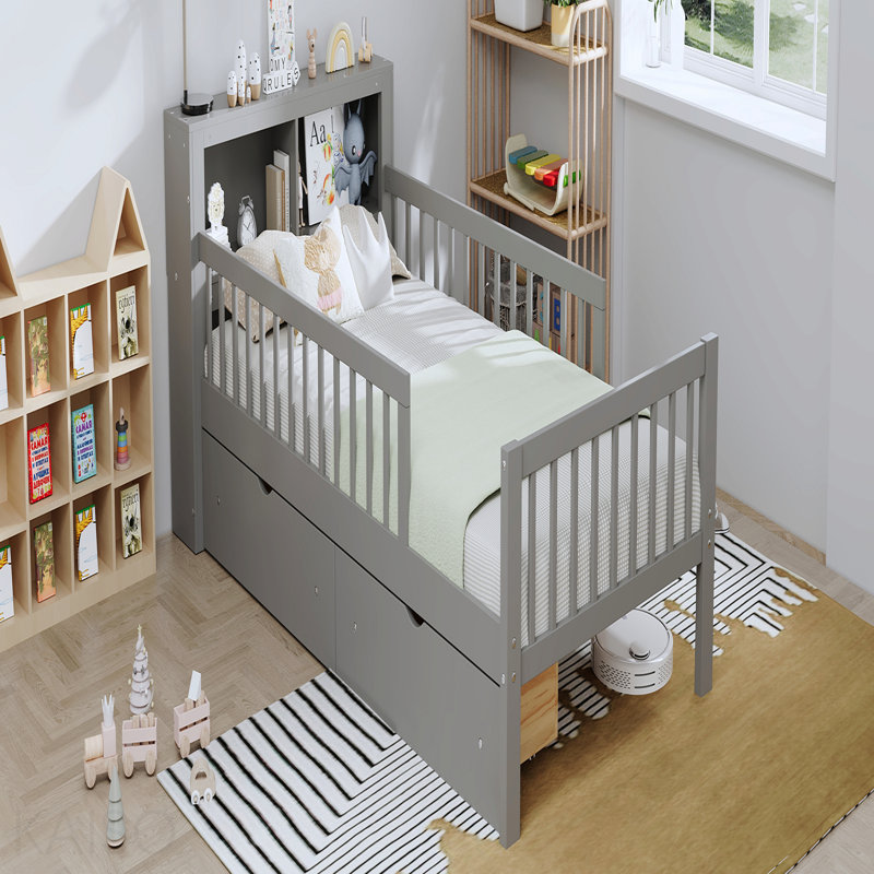 Structure de lit simple avec tête de lit avec support de rangement, deux tiroirs sous le lit, garde-corps à trois côtés pour plus de sécurité, gris
