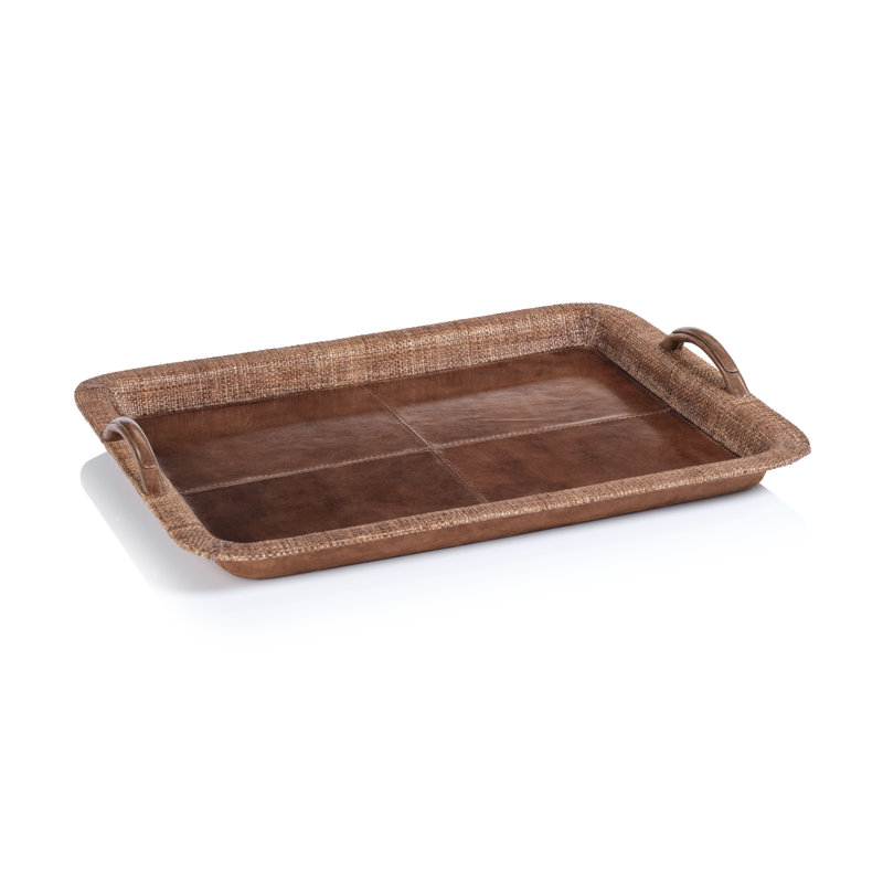 Cadwyn Leather & Raffia Serving Tray, 2.75" H x 18" L x 14" W