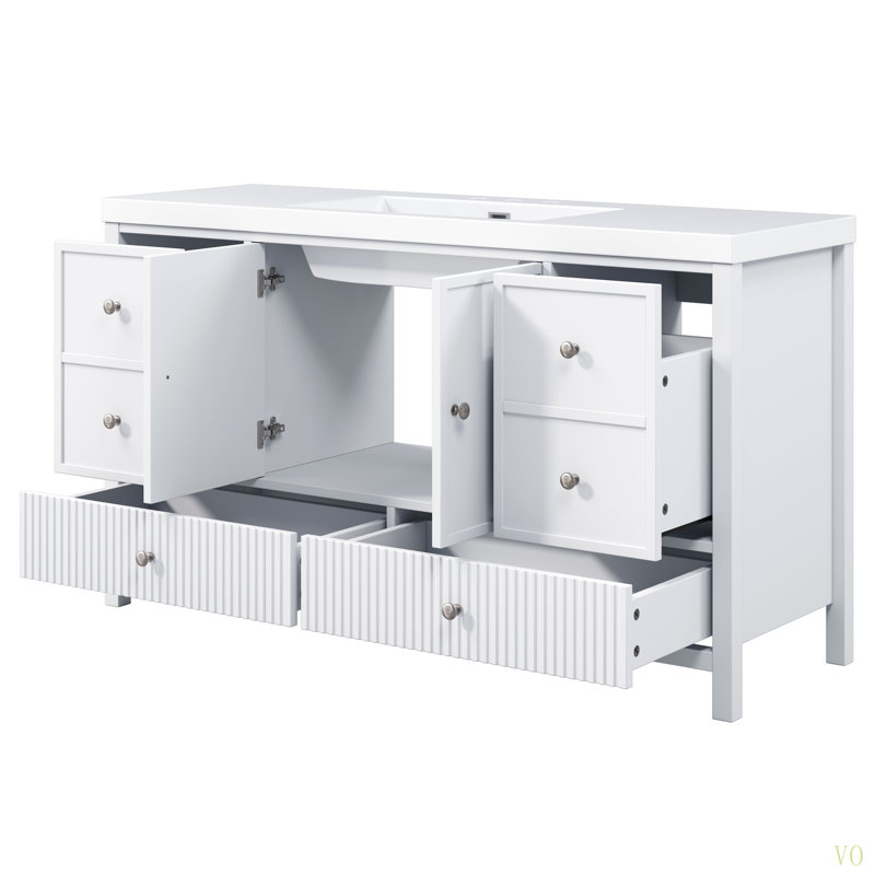 Meuble-lavabo 60 po avec lavabo séparé, grand meuble-lavabo moderne avec portes à fermeture douce et 4 tiroirs, Blanc