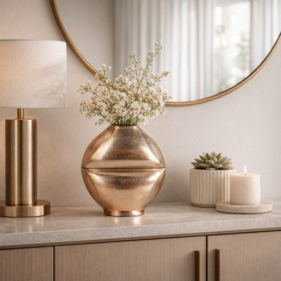 Sculptural Metal Vase with Unique Angular Shape for Home Decor - Contemporary Tall Flower Vase for Dining Room Table or Bedroom Decor - Gold