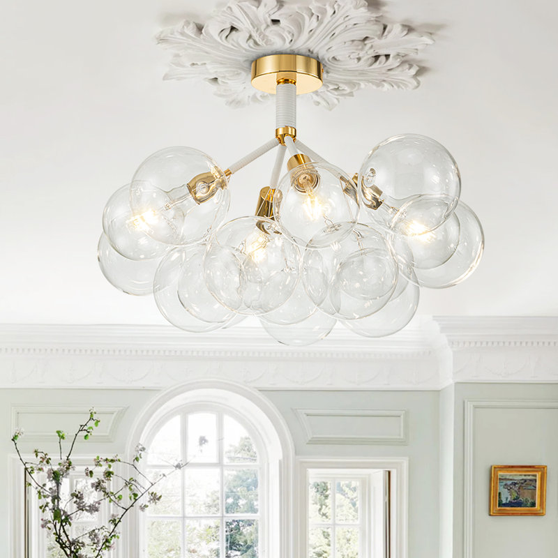 4-Light Clear Glass Semi Flush Mount Ceiling Light, Blanc / doré