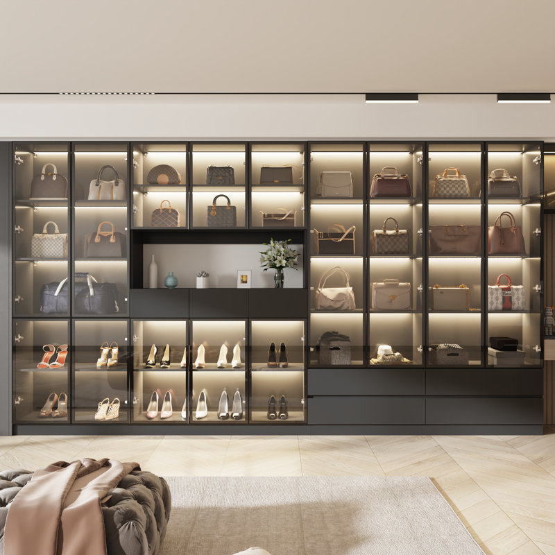 Walk-In Closet System With LED Glass Doors, Aluminum Frame, Push-Open, Black