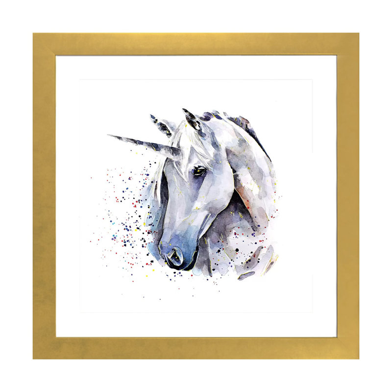 Licorne par Edwatercolours-impression, Papier encadré doré, Blanc, H 16 po x l 16 po x p 1 po