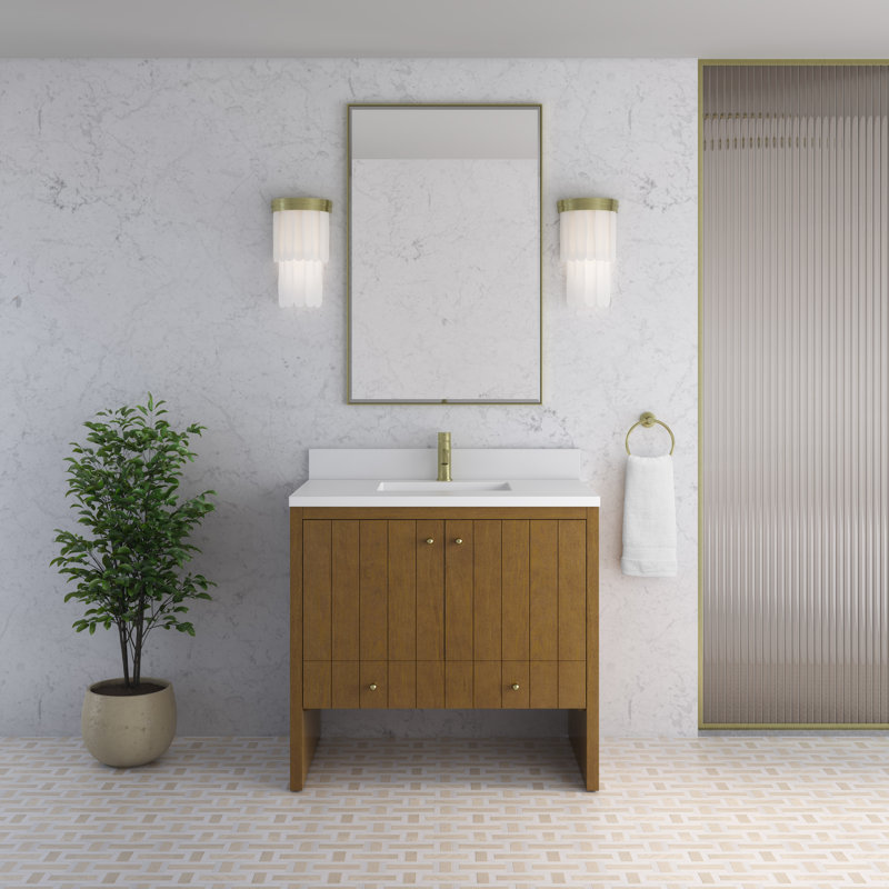 Hudson 36" Single Bathroom Vanity, White Zeus, Single-Hole, Honey Oak
