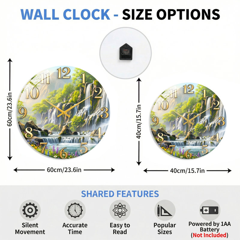 "Mountain Stream", horloge murale en verre, 60 x 60 cm (23,6 x 23,6 pouces)