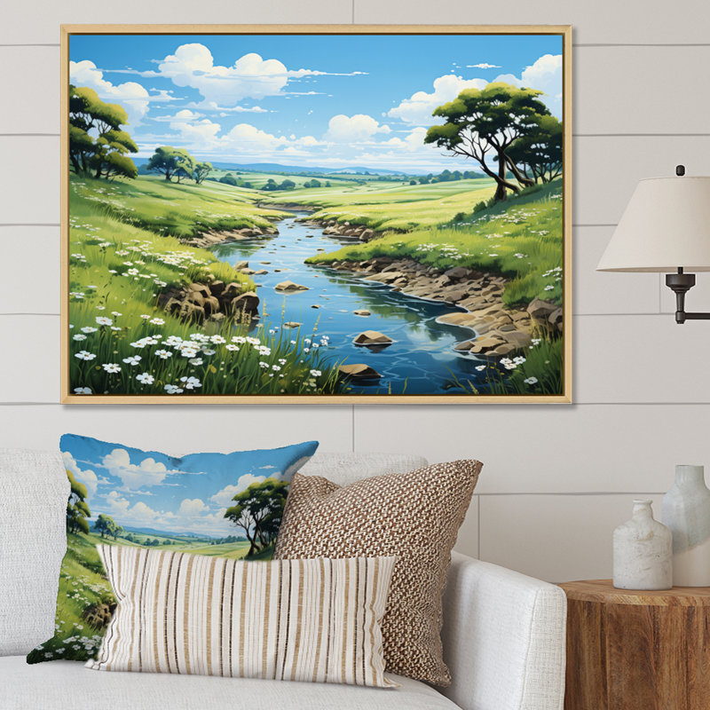 «Countryside River Reflections II», art mural sur toile, Cadre naturel flottant, H 24 po x l 32 po x P 1 po