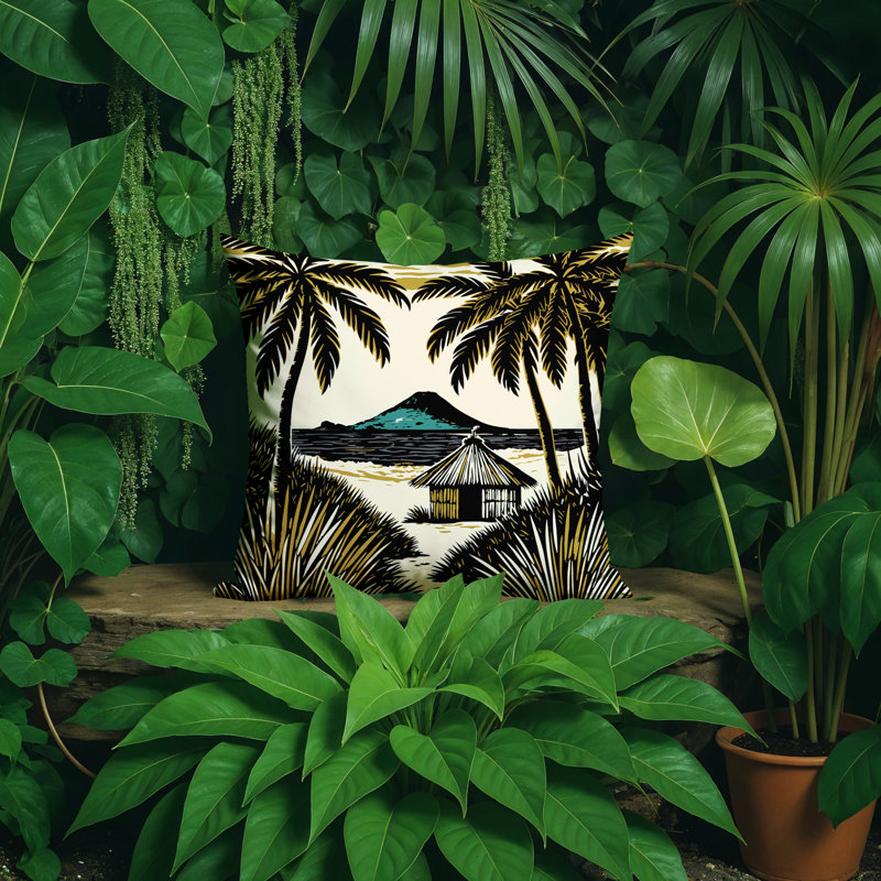 Kitar Island PalmReversible Indoor/Outdoor Square Pillow, Square 19", Black