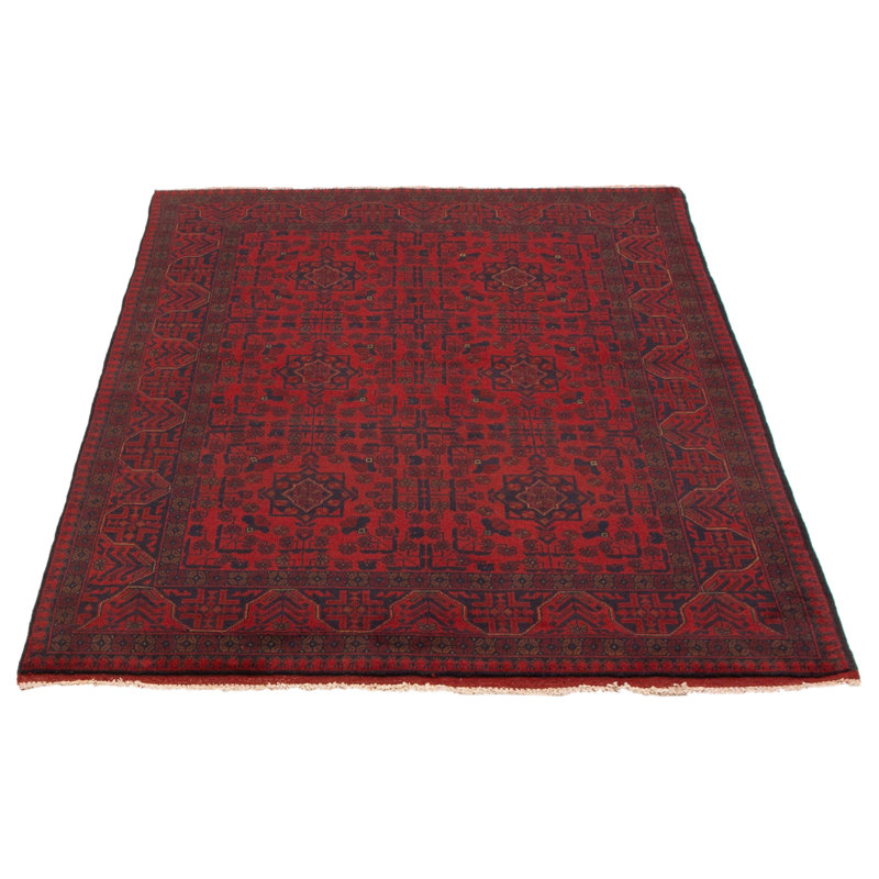 Tapis rouge en laine noué à la main de conception unique 4 pi 11 po x 6 pi 8 po Monna