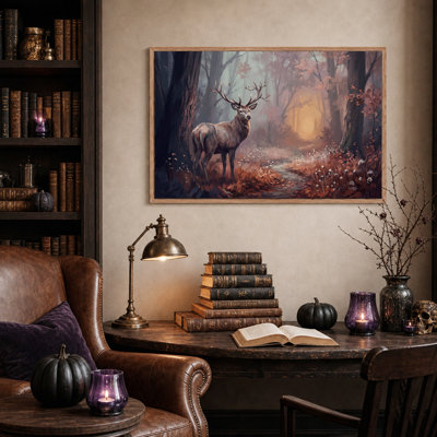 «Brown Stag debout dans une forêt d'automne brumeuse», art mural sur toile