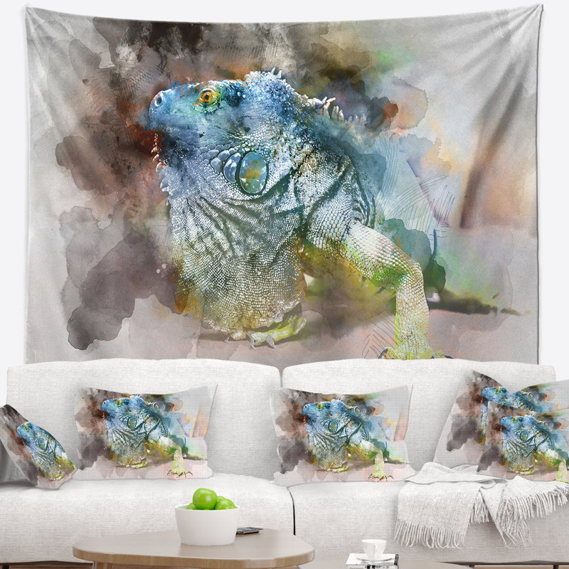 Iguane abstrait, gros plan, peinture sur tapisserie, H 32 po x l 39 po