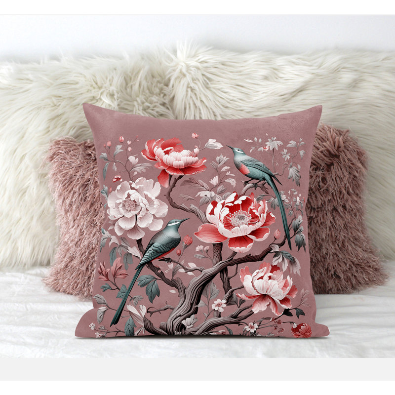 Botanical Bird Ensemble Reversible Throw Pillow, Pink/Red/Green, 20"H x 20"W