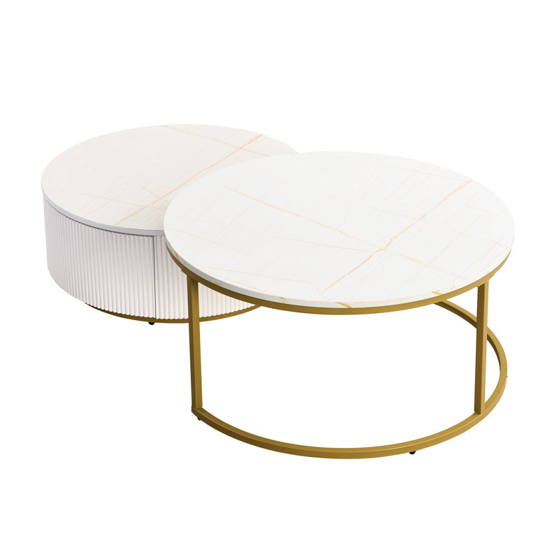 Table basse gigogne blanche et dorée avec motif cannelé et tiroir rond, Golden/White, 15.6" H x 28.15" L x 27.26" W, White