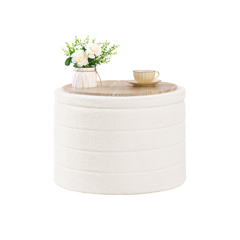 Collapsible Storage Ottoman Round with Tray Teddy Fabric Living Room Bedroom Ottoman with Storage, White