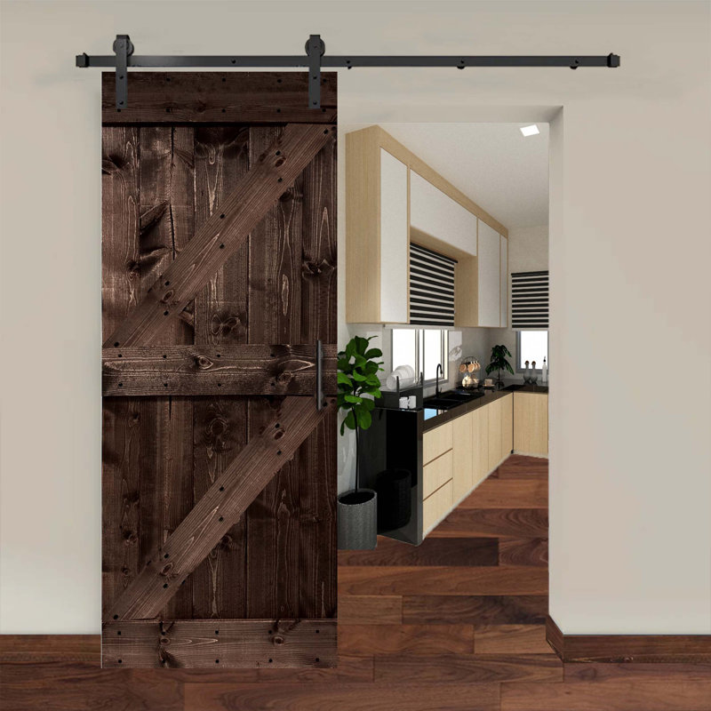 Porte de grange coulissante en bois de pin avec trousse de quincaillerie d'installation, Espresso, 40 po x 84 po