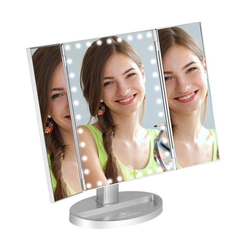 Touch Trifold XL Dimmable LED Makeup Mirror with Standing Base Vanity Dressing Mirror with USB Cable, Silver