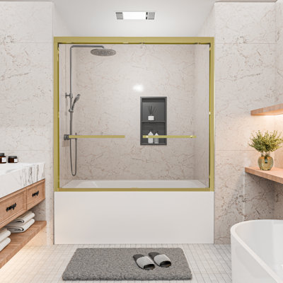 Porte de baignoire coulissante encadrée l 56 à 60 po x H 58 po, or brossé, verre trempé 1/4 po avec revêtement Nano Easy-Clean pour salle de bain