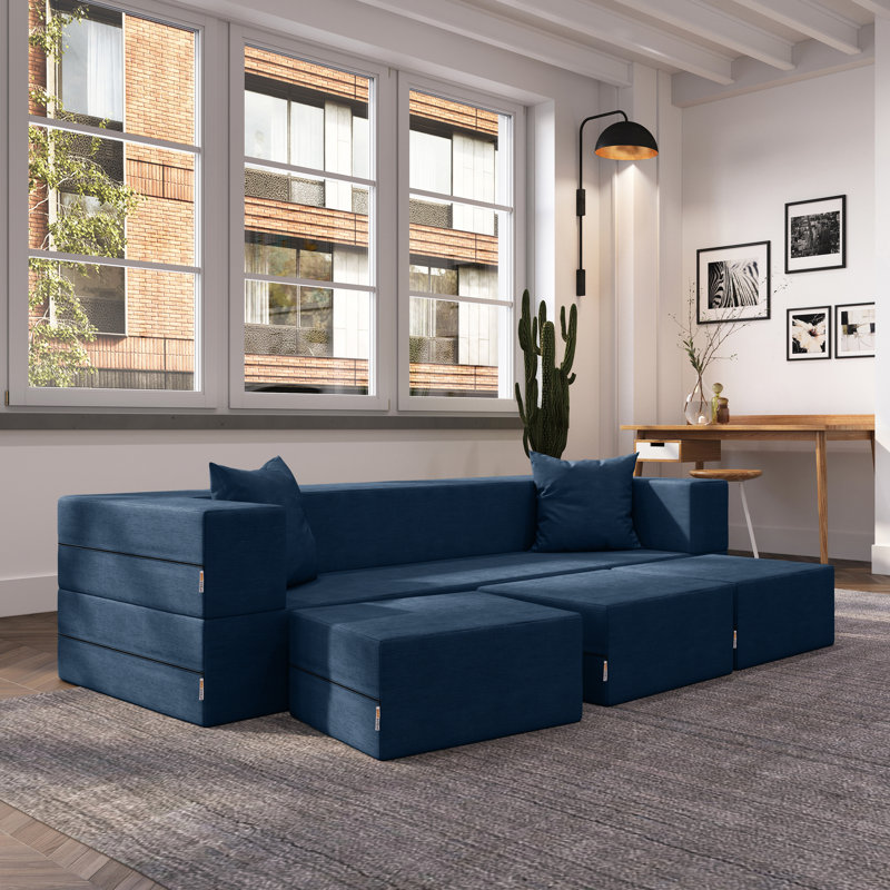 Shontae Boneless Zipline Convertible Compression Sleeper Sofa, Three Ottomans, & Pillows / California King-Size Bed, Textured Microvelvet