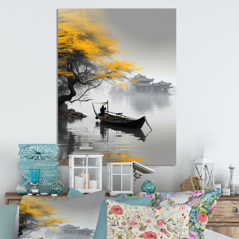Art asiatique, bateau jaune, art mural asiatique en métal, H 32 po x l 16 po x P 1 po