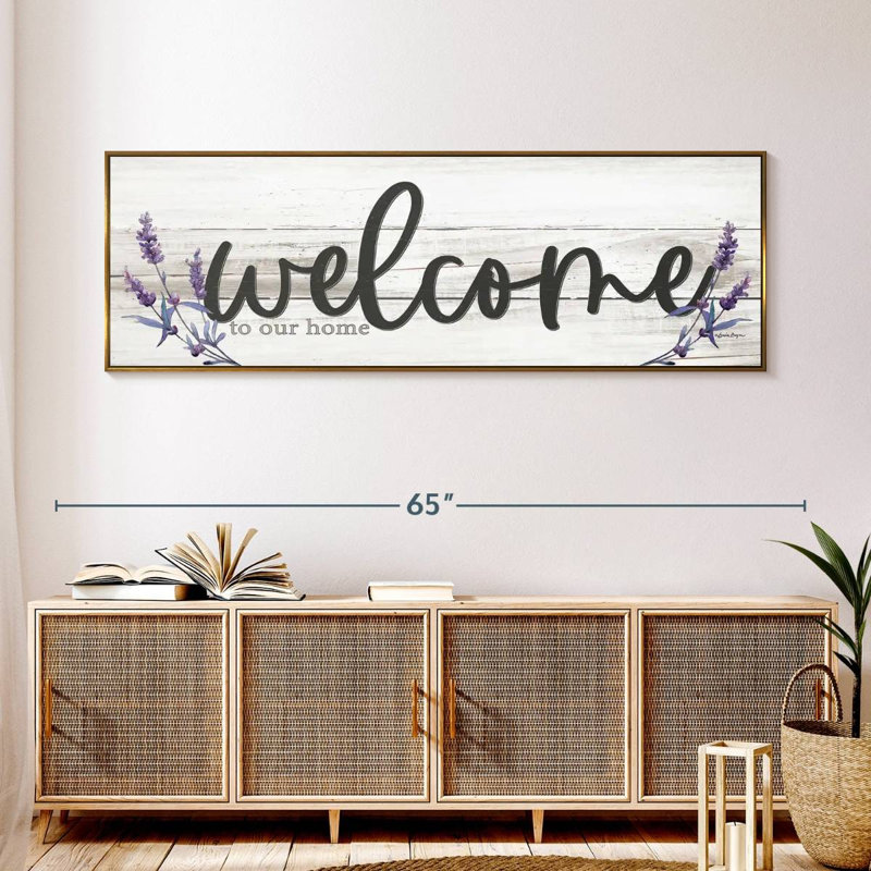 Plaque murale "Welcome to our home" lavande, 57 po x 19 po, Cadre flottant doré