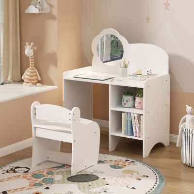 Kids Vanity Table With Mirror Chair, Wooden Storage Desk - White