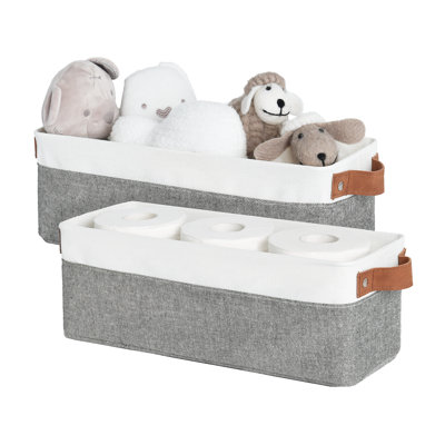 Narrow Storage Bins With Handle, Small Fabric Organizer Basket for Closet and Shelf, Gray/White