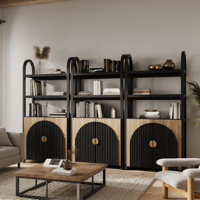 3 Tier Book Shelf 72" Tall Arched Bookcase With Storage, Set of 3, Camel