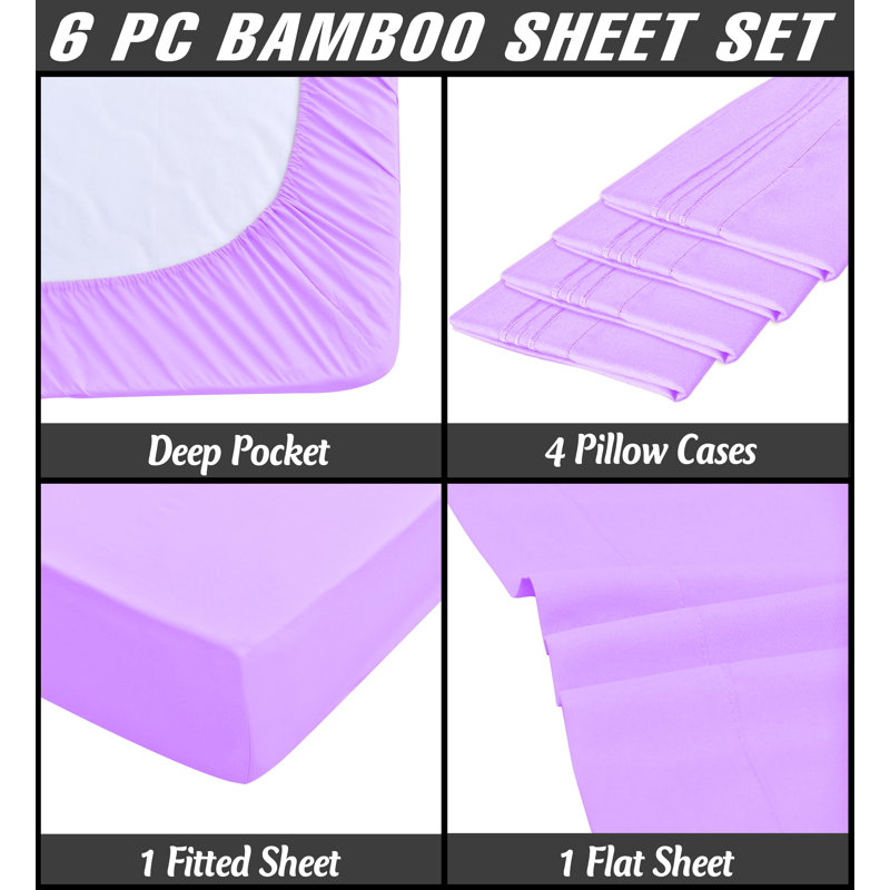 Premium Rayon From Bamboo 6 Pc Sheet Set With Deep Pockets, Cooling, Lavender, Full/Double Sheet Set