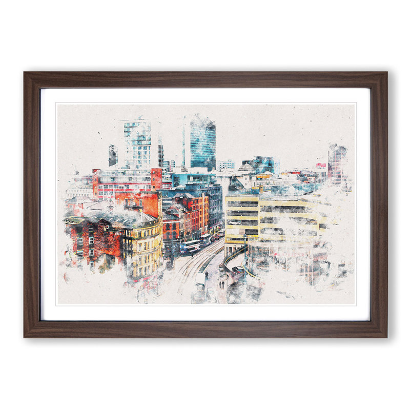The Manchester Skyline - Picture Frame Painting Print on MDF, Walnut Framed, 33cm H x 45cm W x 2cm D