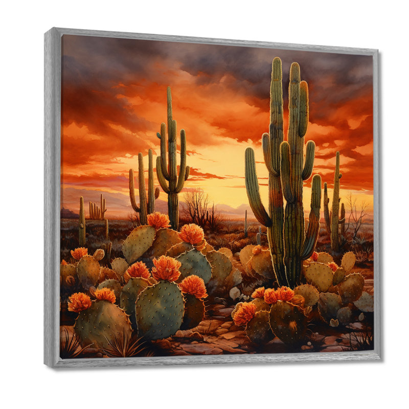 Impression sur toile cactus cuivré au Nevada, H 16 po x l 16 po x P 1 po, Encadrement argenté