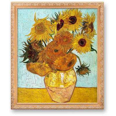 Twelve Sunflowers by Vincent Van Gogh Solid Wooden Framed Size:40.5x34.5 inches,Golden Frame The World Classic Art Reproductions,Wall Art for Home Decor
