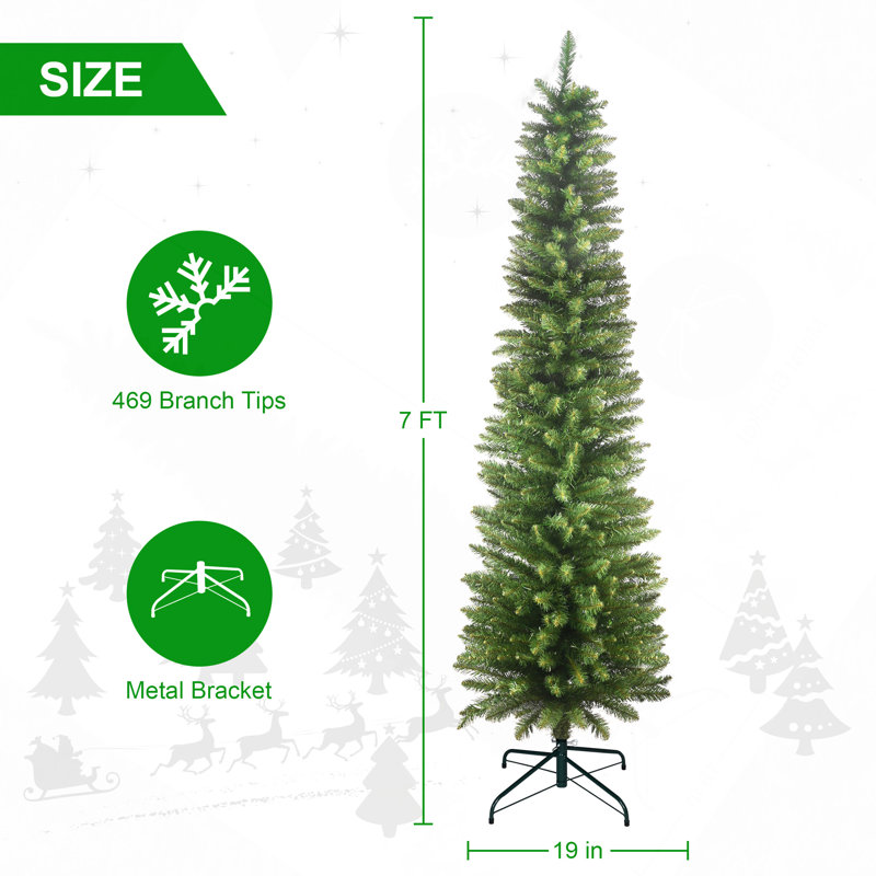 Arbre de Noël 7 pi avec crayon, arbre mince en PVC avec 469 pointes, conception compacte, support en métal stable, pour petits espaces et coins