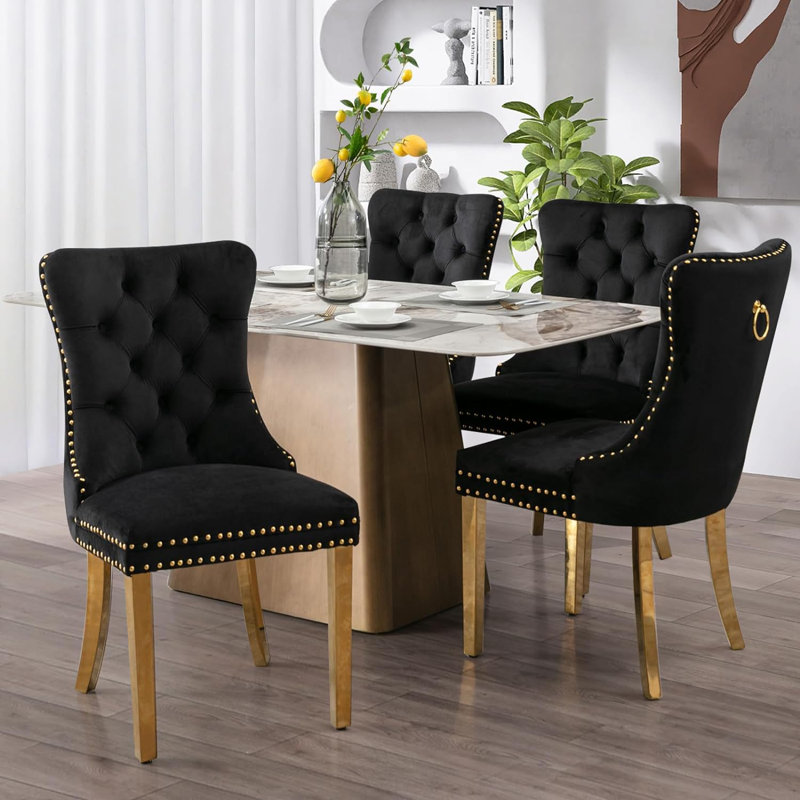 Chaises de salle à manger, chaise de salle à manger rembourrée haut de gamme avec anneau clouté, Velours noir, Doré, 6