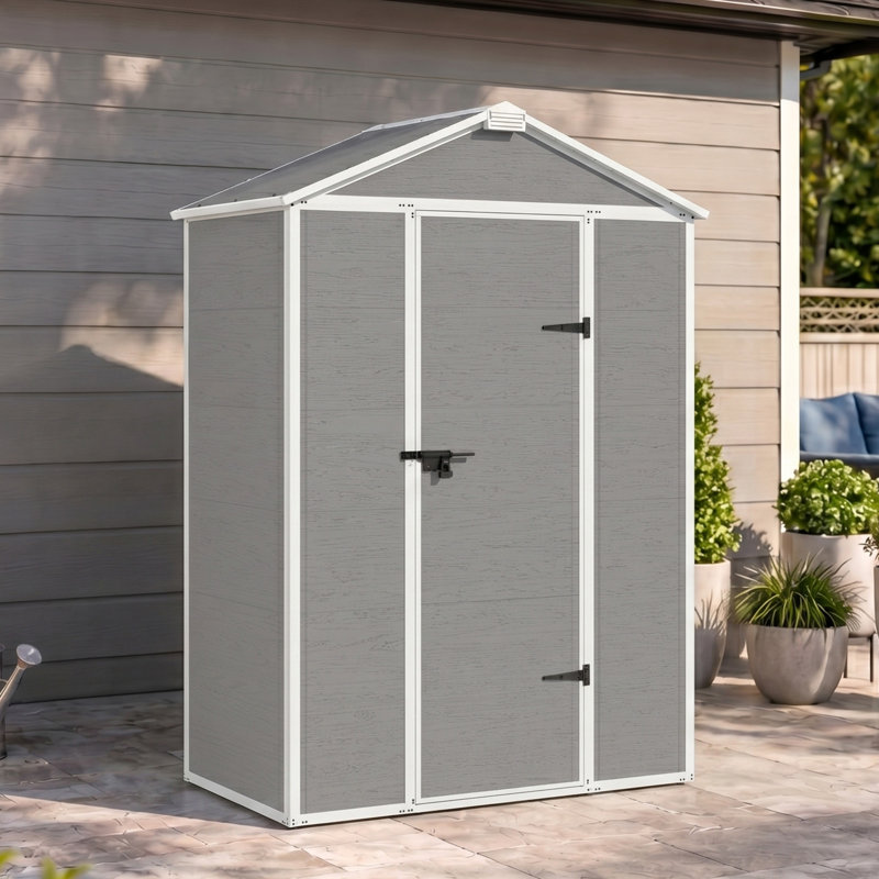 Remise de jardin 5 po x 3 pi en résine de grain de bois gris avec portes verrouillables, H 85 po x l 57 po x P 33 po