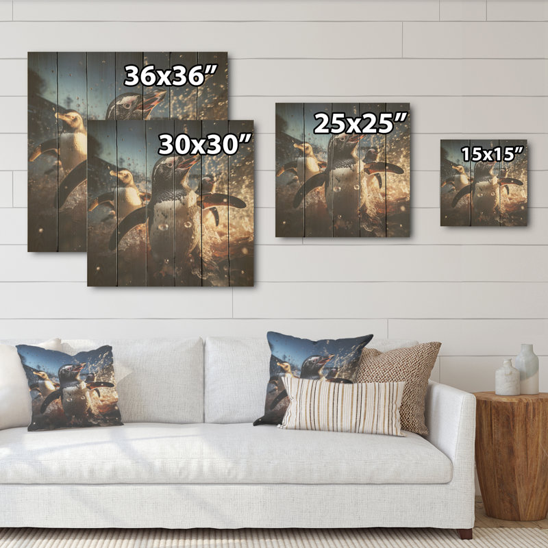 Valse de pingouin aquatique ludique - Art sur bois de pin pingouin, H 36 po x l 36 po