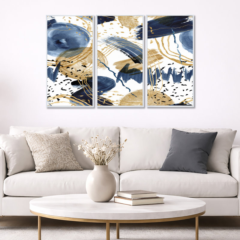 Motif abstrait avec textures bleu foncé et or - ensemble d'art moderne sur toile encadrée moderne de 3, Blanc