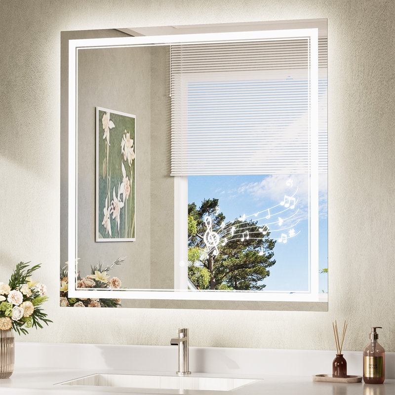 Miroir de salle de bain Bluetooth à DEL à éclairage avant et rétroéclairé, 3 couleurs de température et intensité variable, miroir de coiffeuse en verre trempé