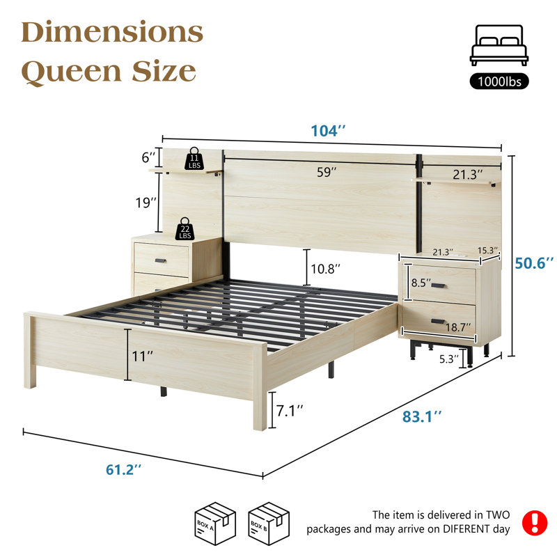 Queen Size Bed Frame with 104" Wide Headboard & Storage Ngihtstands & LED Light, White