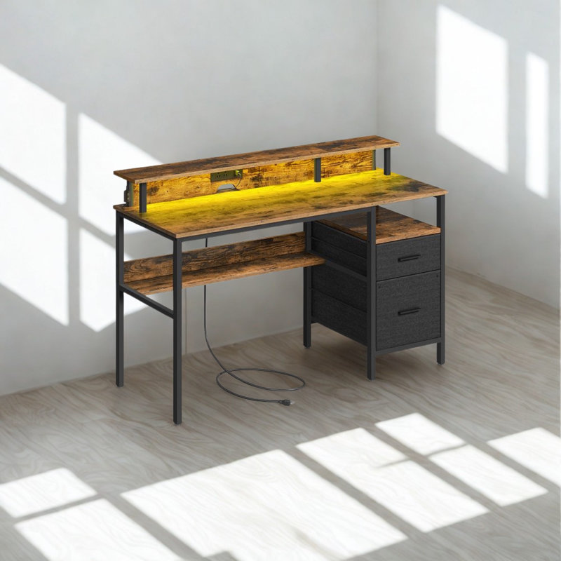 Industrial 120CM Computer Desk With USB Outlets and LED Lights, 90cm H x 135cm W x 55cm D